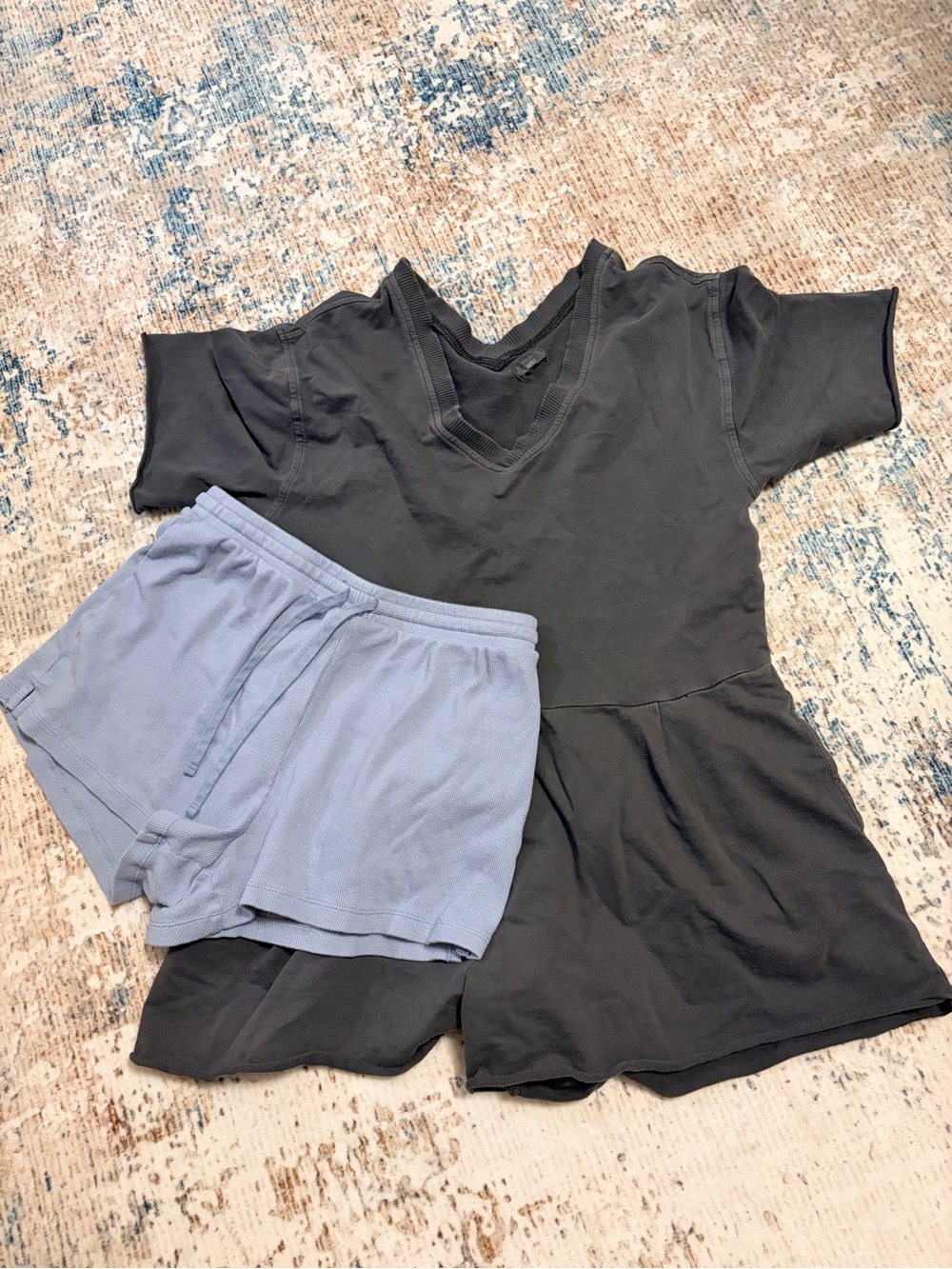 aerie Black V-Neck,Short-Sleeve Romper and H&M Light Blue Knit Drawstring Shorts